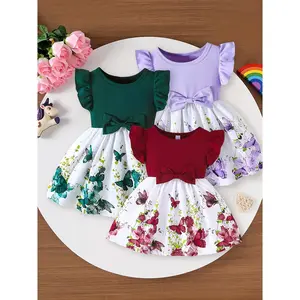 3 Pcs Baby Girls Cute Casual Dresses Colorful Floral Patterns Adorable Bows Home Outings Parties Gifts Holidays Ideal Clothing Gift for Little Girls