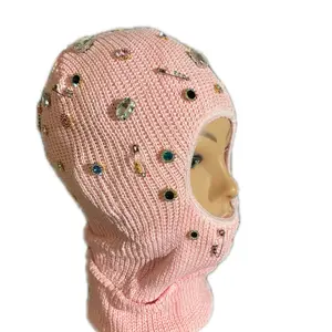 Pink Bejeweled Ski Mask Hat with Colorful Gemstones and Knitted Design