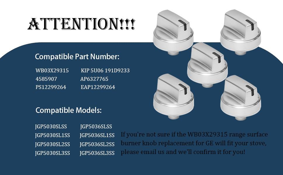 WB03X29315 Knob Compatible with ge Stove Knobs Replacements,Fit Models JGP5030SLSS JGP5036SLSS JGP5030SL1SS JGP5036SL1SS, Cooktop Knobs Replacements Gas Range Oven Surface Burner Control Knob 5Pcs