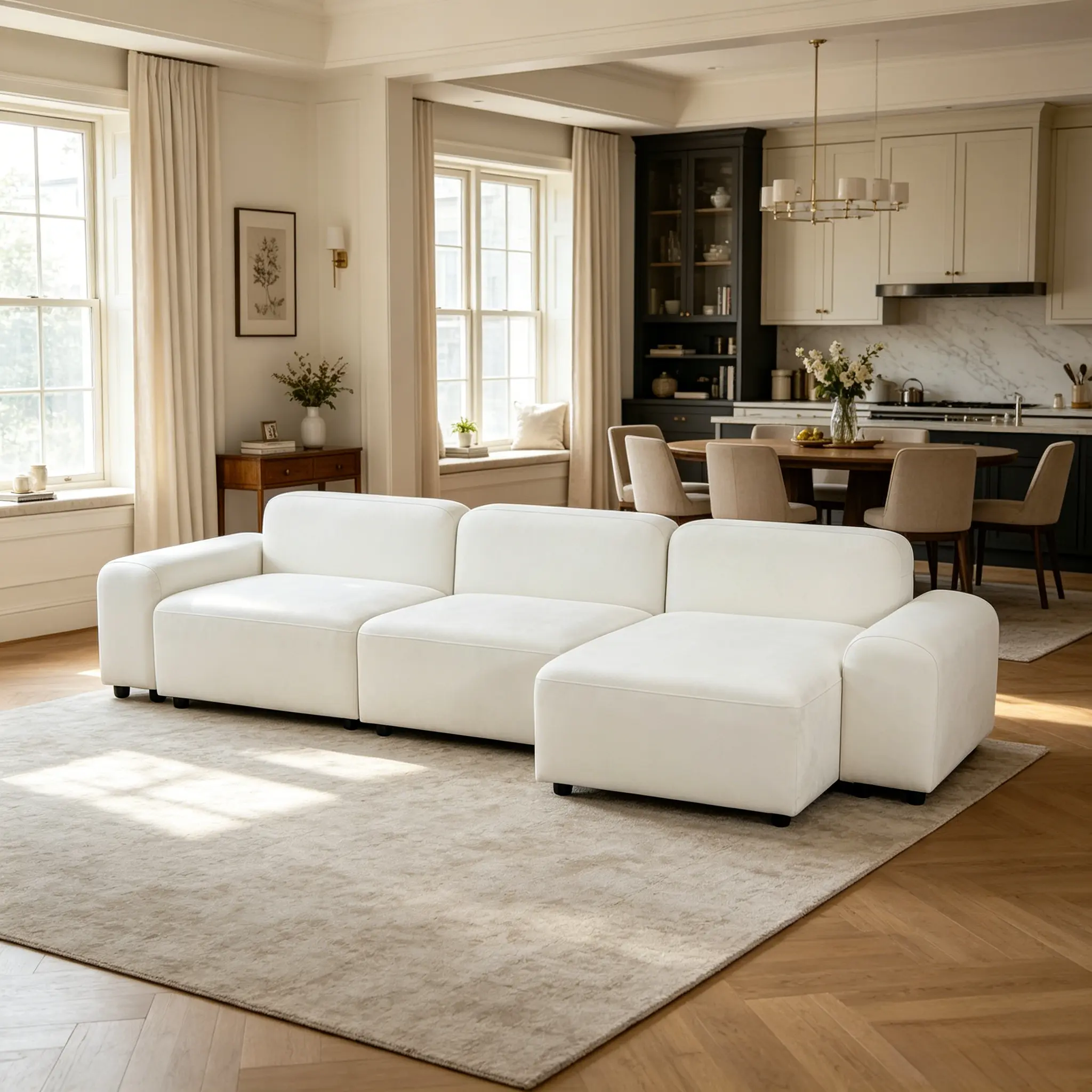 Modern White Microfiber Couch, sleek plain white outlook, breathable skin-friendly microfiber material. Ideal for apartments, condos and spacious family houses.