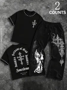 Men's Gothic Style Casual Set, Comfortable Breathable Rivet T-Shirt + Drawstring Wide Leg Pants, Religious Cross Angel Print Two-Piece