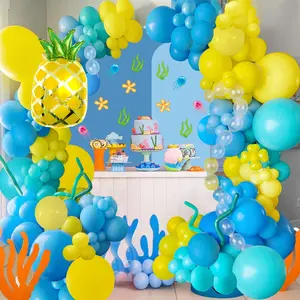 144PCS Cartoon Sponge Balloon Garland Kit Yellow Blue Clear Balloons for Sponge Theme Birthday Baby Shower Decor