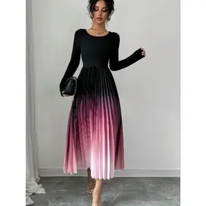 Women's Ombre Print Pleated A Line Dress, Elegant Long Sleeve Round Neck Midi Dress for Party Holiday Wedding Guest, Ladies Clothes for All Seasons