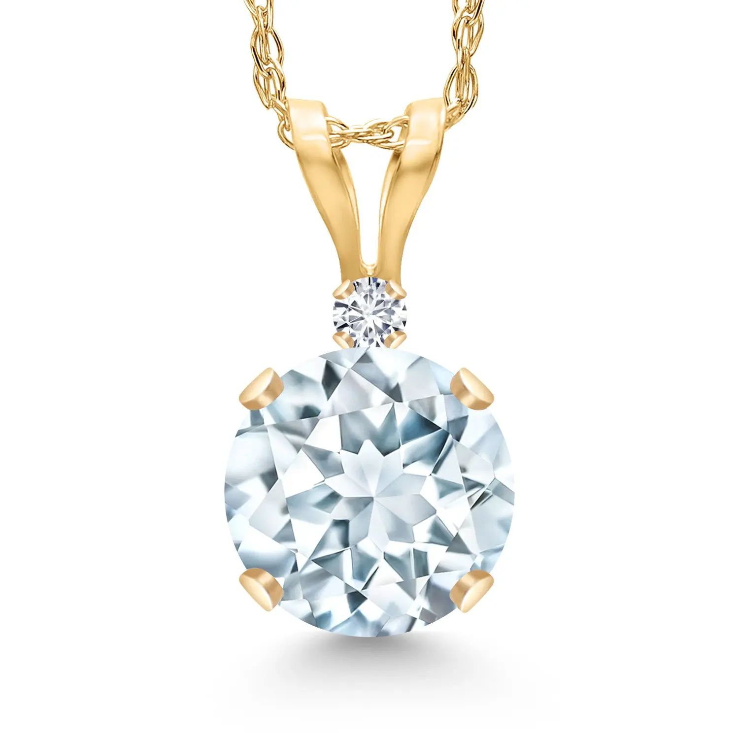 14K Yellow Gold Sky Blue Aquamarine and White Diamond Pendant Necklace for Women | 0.77 Cttw | Gemstone March Birthstone | Round 6MM | With 18 Inch Chain