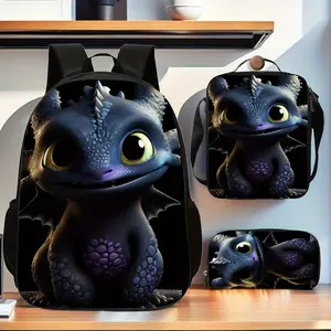 Cute Toothless Dragon Print 3PCS Backpack Set, How to Train Your Dragon Style School Backpack with Lunch Box & Pencil Case, Lightweight Durable Daypack for Kids Teens, Ideal Gift for Dragon Fans
