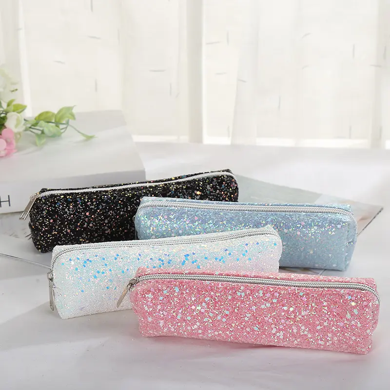 Glitter Barrel Pencil Pouch for Kids - Simple Minimalist Cylinder Stationery Storage Bag, Sparkly Sequins Organizer, Back to School Student Accessory, Portable Cosmetic Carry Pouch