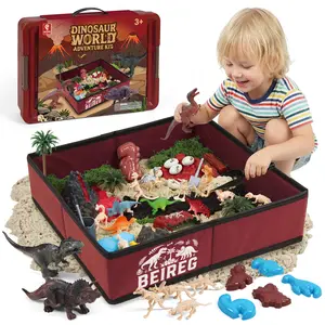 BEIREG Dinosaur Sensory Bin Sand Toy - Foldable Sandbox with Lid 2lb Sand, 60+ Accessories Include 11 Dinosaur Figures & Molds, Volcano, Archaeology Tools - Paly Sand kit for Kids Ages 3+								