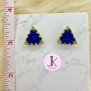 Triangle Stud Earrings | Beaded Jewelry for Women | Blue and Gold Earrings Handmade Fashion Accessories