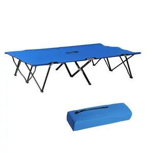 Blue 2 person folding camping cot 50 inch extra wide elevated sleeping bed 300lbs load capacity 600D oxford fabric for beach hiking hunting bonfire camping
