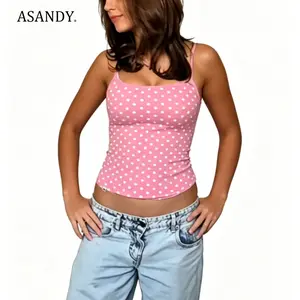 ASANDY Y2K Pink Black Polka Dot Spaghetti Strap Cami Top Women Slim Fit Sleeveless Tank Top Summer Figure Hugging Crop Camisole Outerwear
