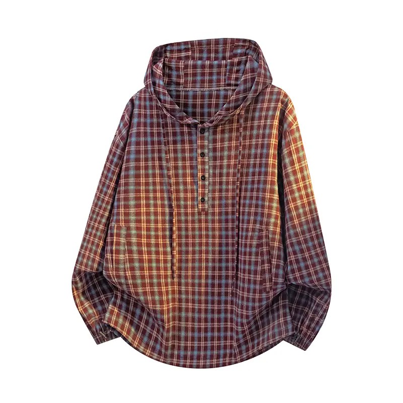 Men's Classic Hooded Henley Shirt, Retro Soft Pullover with Plaid Contrast Hood, Long Sleeve Casual Top with Pockets for Outdoors, Color Block, Loose Vintage, Button, Easter, Half-Button Placket, Drawstring, Longsleeves, Polyester, Pullover Hoodie, Loose,