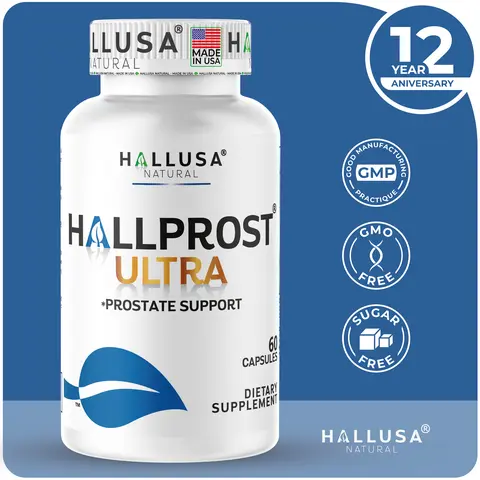 HALLUSA NATURAL HALLPROST ULTRA Prostate Healthcare Daily Supplement, 60 Capsules with Saw Palmetto, Organic Mix, Magnesium, Pumpkin Seeds, Lycopene Added, Gluten-Free, Sugar-Free, Non-GMO Vitamin Complex for Male Health, Dairy Free