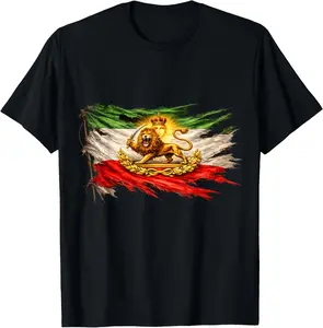 Iran Flag with Lion and Sun Emblem, Vintage Persian Heritage Casual Short Sleeve Cotton T-Shirt
