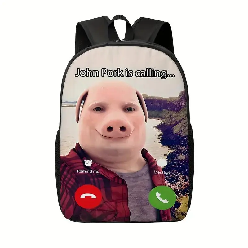 1pc Funny "John Pork is Calling..." Backpack for Adults - Large Capacity Commuter Bag with Ergonomic Double Strap Design, Washable Zipper Closure, Stylish Durable Shoulder Pack for Daily Commute & Outdoor Use, Commuter Bag | Playful Backpack