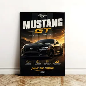 Ford Mustang GT Poster High Quality Cardboard, Sharp Pattern Black Muscle Car with Dramatic Sunset Road Scene & Bold GT Graphics, Iconic American V8 Sports Car Wall Art for Home Office Garage Decor, Perfect Gift for Car Enthusiasts & Ford Fans