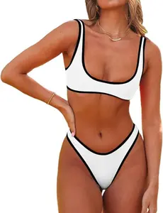 SwimWeek  Women's Sexy Scoop Neck Bikini Sets Color Block High Cut Thong Brazilian Two Pieces Swimsuit Bathing Suit