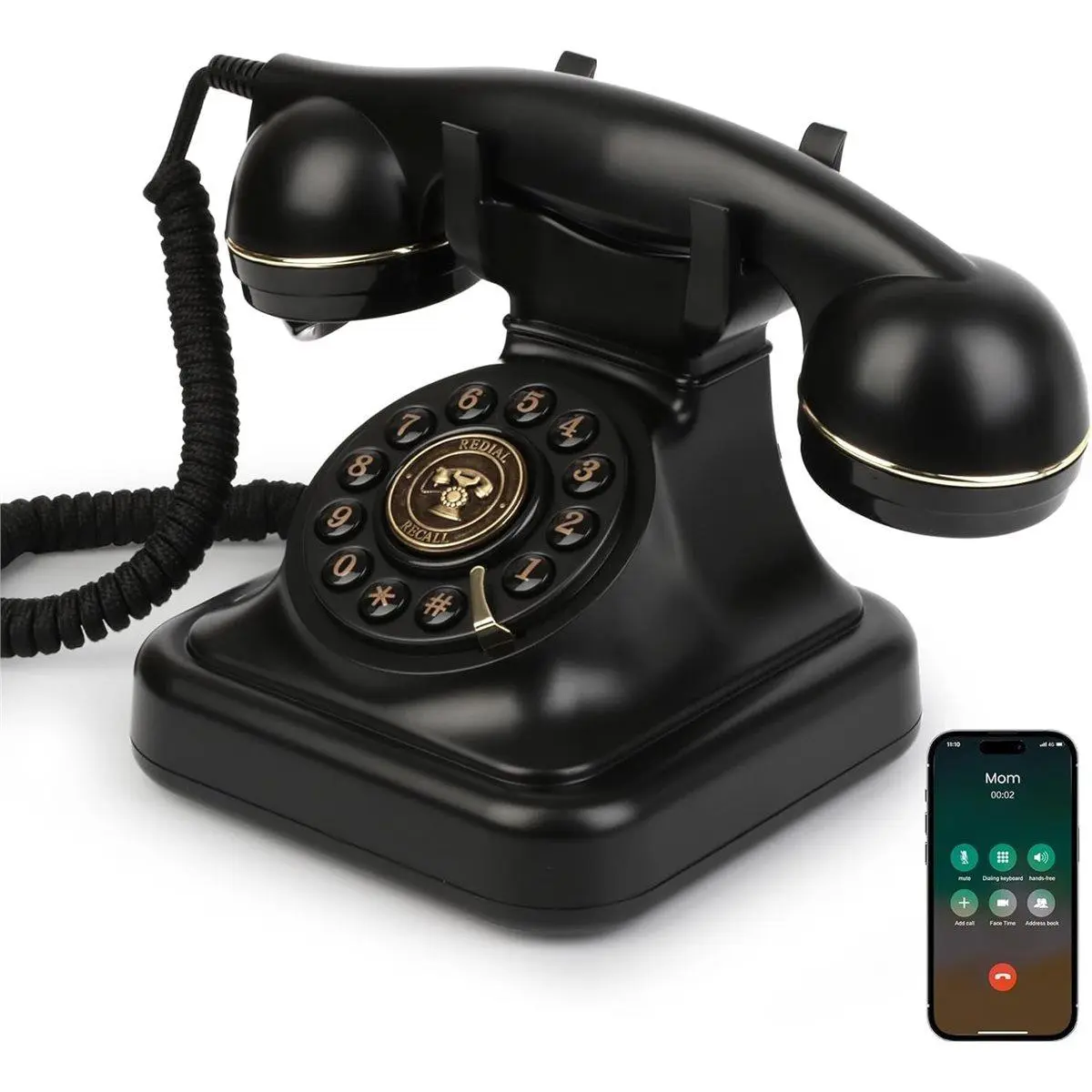 QYKF Black Retro Bluetooth Landline Telephone, USB Rechargeable Desk Phone with Hands-Free Speakerphone & Music Playback