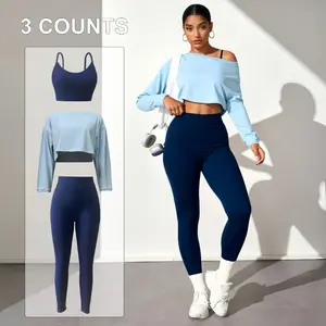 3 Piece Set Women's Seamless Yoga Outfits 2026 | Long Sleeve Top, Bra & High Waist Workout Leggings
