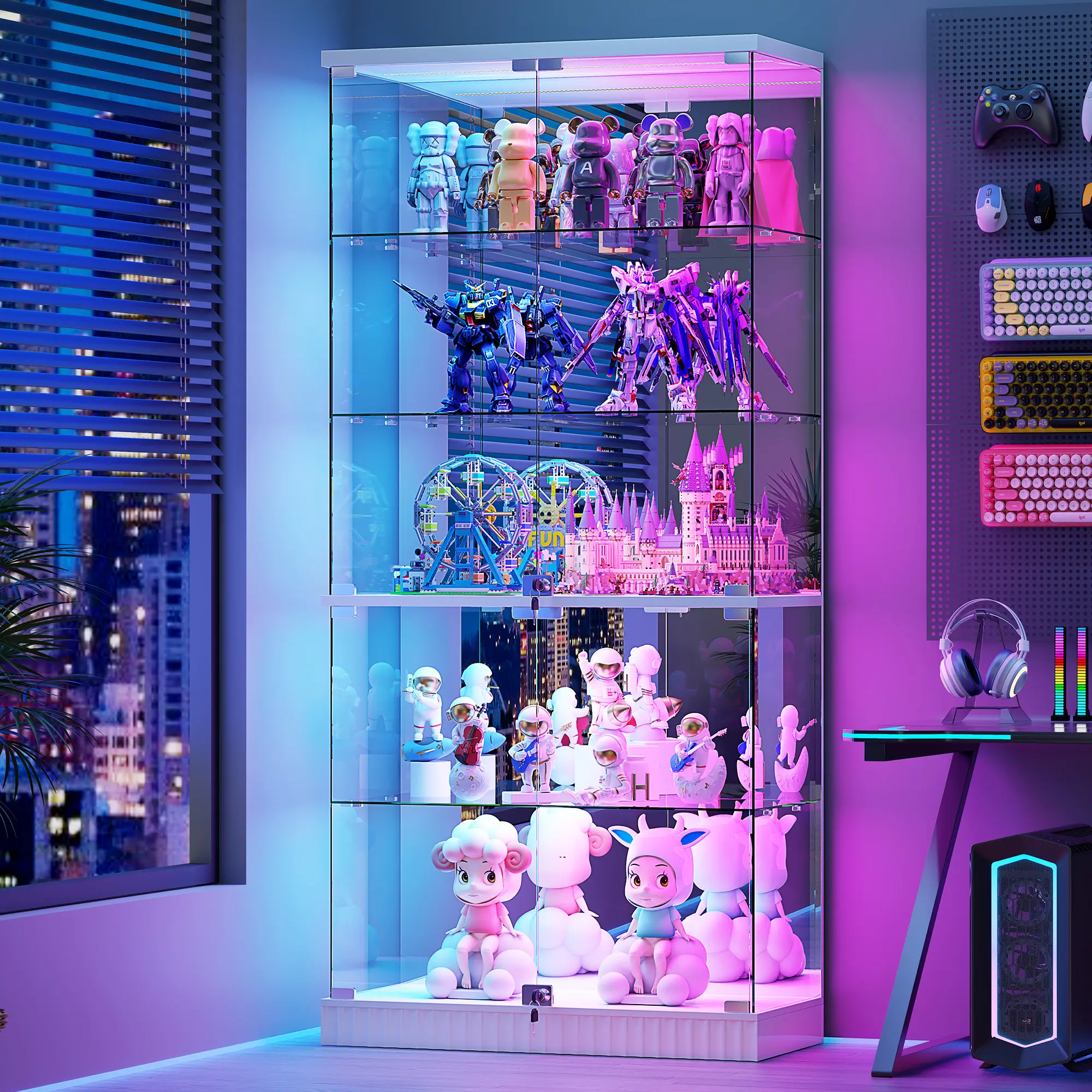 Dystler Glass Display Cabinet with RGB Lights - 5-Tiers Curio Cabinet Display Case with Lock, Frameless Tall Showcase Display Shelf for Collectibles, Living Room Bookcase Storage Cabinet