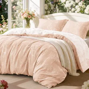 Pink Full Size Comforter Set, 3 Pieces Cute Floral Bedding Sets for All Seasons, 1 Soft Reversible Botanical Flowers Comforter and 2 Pillow Shams