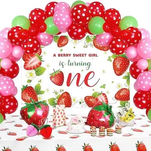 Strawberry Balloon Garland kit, 1st Birthday Party Decor Girl with Backdrop Banner Tablecloth for Birthday Party Decor Supplies Decoration Round