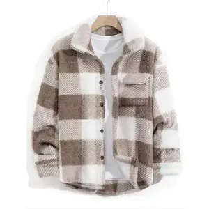 Men's Plaid Print Button Front Fleece Jacket,Regular Fit Casual Drop Shoulder Long Sleeve Outerwear for Winter,Men's Clothes for Daily Wear,Hooded Fleece Lined Windproof Jacket,Men's Long Insulated Liner Jacket Menswear Coats Soft Elegant Collared Checked