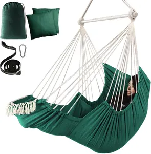 Hammock Chair Hanging Chair with Foot Rest 2 Cushions Max 500lbs Robust Metal Spreader Bar Collapsible Easy Storage Soft Cotton Swing Chair  Strap Iron Carabiner Side Pocket Included