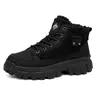 Men's All Black Plain Closed Boot - Fleece-Lined, Mixed Suede, Synthetic, Chunky Heel, Chunky Lug Sole, Non-Slip, Warm Mid-High Top Winter Work & Walking Shoes (EU38/US6.5)