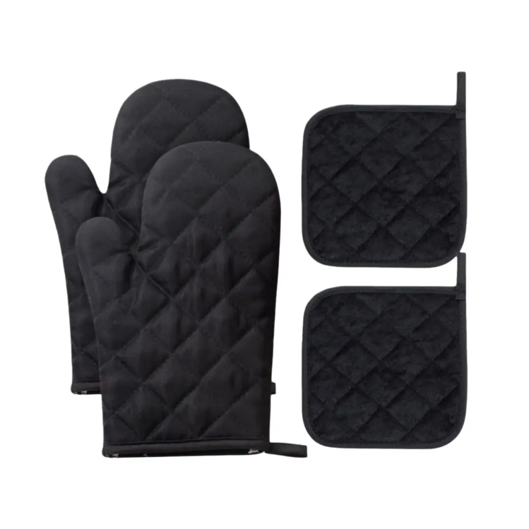 4pc oven mitt and heat-resistant mat set, heat resistant to 500 degrees Celsius, silicone non-slip surface, kitchen cotton oven mitts, suitable for baking, cooking, and grilling.