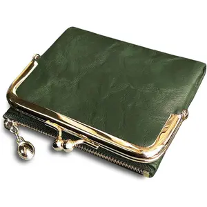 Women's Vintage Leather Wallet with Kiss Lock, Small Compact RFID Blocking Bifold Coin Purse, Ladies Money Organizer with Zipper Pocket for Cash and Cards