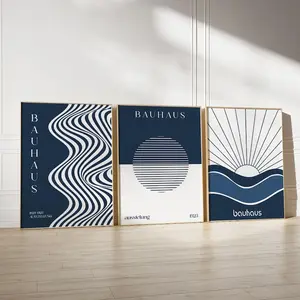 Navy Blue Bauhaus Art Print Set, Geometric Exhibition Poster, Retro Wall Art