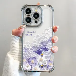 Oil Painting Flower Pattern Phone Case , Electroplated Cover with Airbag Shockproof Slim Soft TPU Cover for iPhone 11 12 13 14 15 16 Pro Max Plus Girl