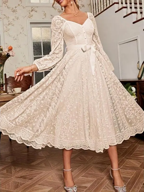 Women's Western Elegant Wedding Guest Gown - Chic Long-Sleeve Sweetheart Neck Belted Polyester Lace A-Line Elegance Dress, Below Knee, Fitted Cut, Machine Washable, Milky Womenswear