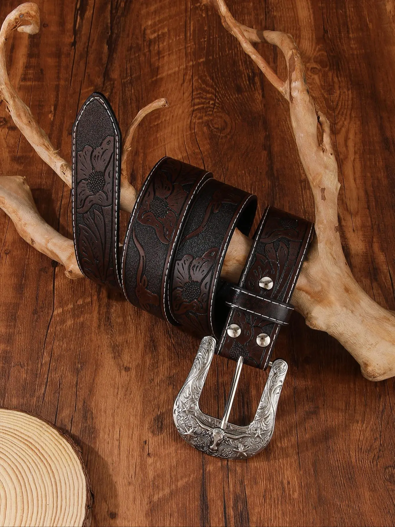 Western Cowboy Style Ethnic Pattern Pu Buckle Belt, Cowboy 