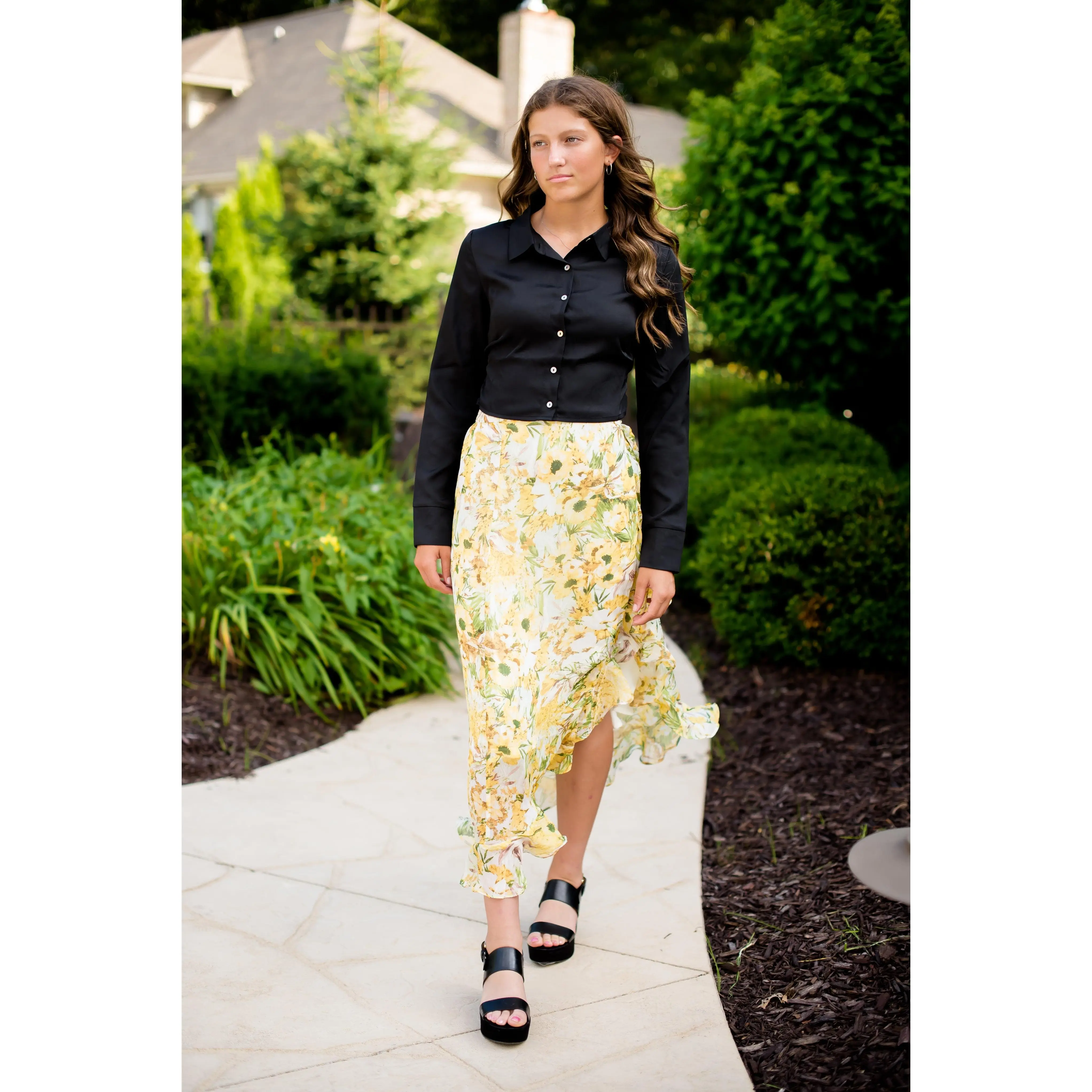 Francesca Floral Print Ruffle Overlap Midi Skirt
