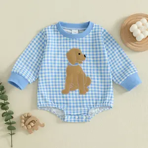 YSHWHWTS Baby Boy Romper Long Sleeve Round Neck Dog Embroidery Bodysuit Newborn Playsuit Fall Clothes Winter Warmer