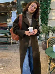 Fashion Women's Coat Chocolate Brown Tweed Coat Autumn Winter 2025 Elegant Double-Breasted Wool Long Sleeve Coat Commutes & Streetwear Casual Outerwears Jackets