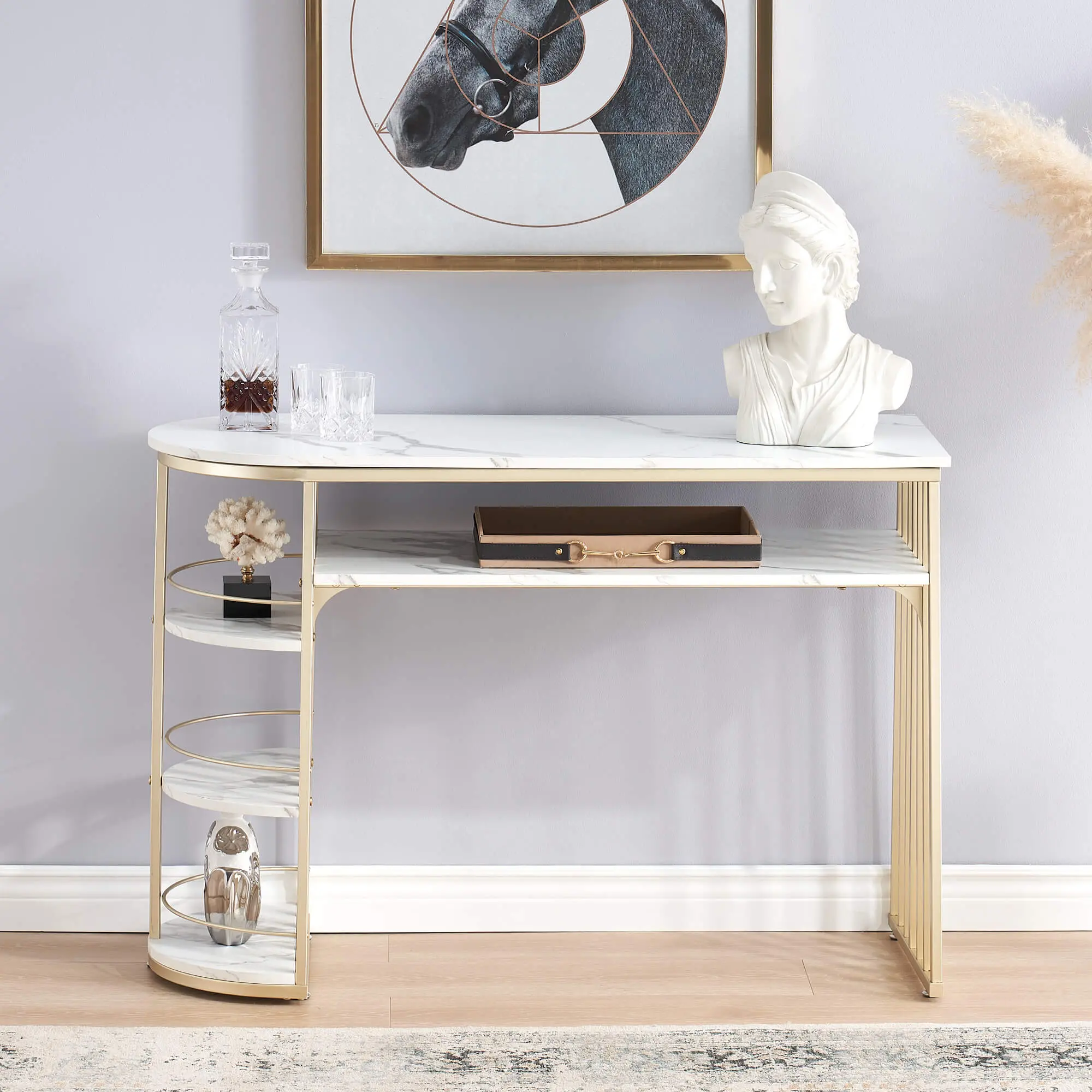 BarberPub Luxury Modern Gold Salon Manicure Desk with Storage, Faux Marble Veneer - Commercial Furniture 2256