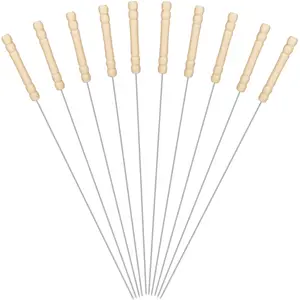 Skewers for Grilling, Wooden Handle Double Pronged Stainless Steel Flat Kabob Skewers with Push Bar, Reusable Long Metal Skewer Sticks for Meat Chicken Vegetable, BBQ Accessories