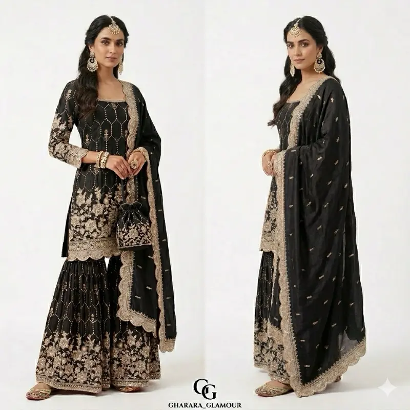 Indian Mirror Work Sharara - Red Traditional Dress with Intricate Embroidery and Matching Accessories Womenswear Casual Summer
