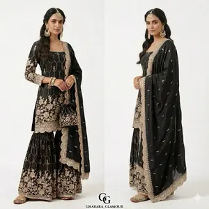 Indian Mirror Work Sharara - Red Traditional Dress with Intricate Embroidery and Matching Accessories Womenswear Casual Summer