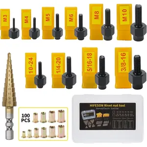 Rivet Nut Tool Hand Riveter Rivnut Tool Kit with Metric and SAE, Includes Step Drill Bit & 100 Assorted Rivet Nuts