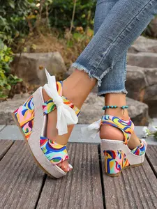 Women's Rainbow Print Wedge Sandals, Bow Tie Buckle Strap Open Toe High Heels, Summer Fashion Shoes, 2026 New Arrival