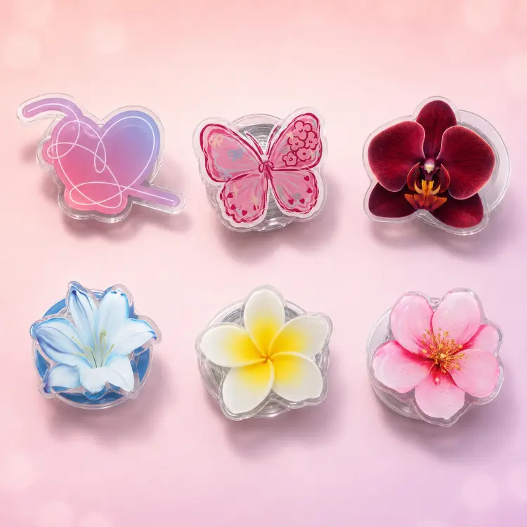 Floral Acrylic Phone Grip Collection, 6 Cute Heart Butterfly and Flower Designs, Phone Holder Stand for Women and Girls