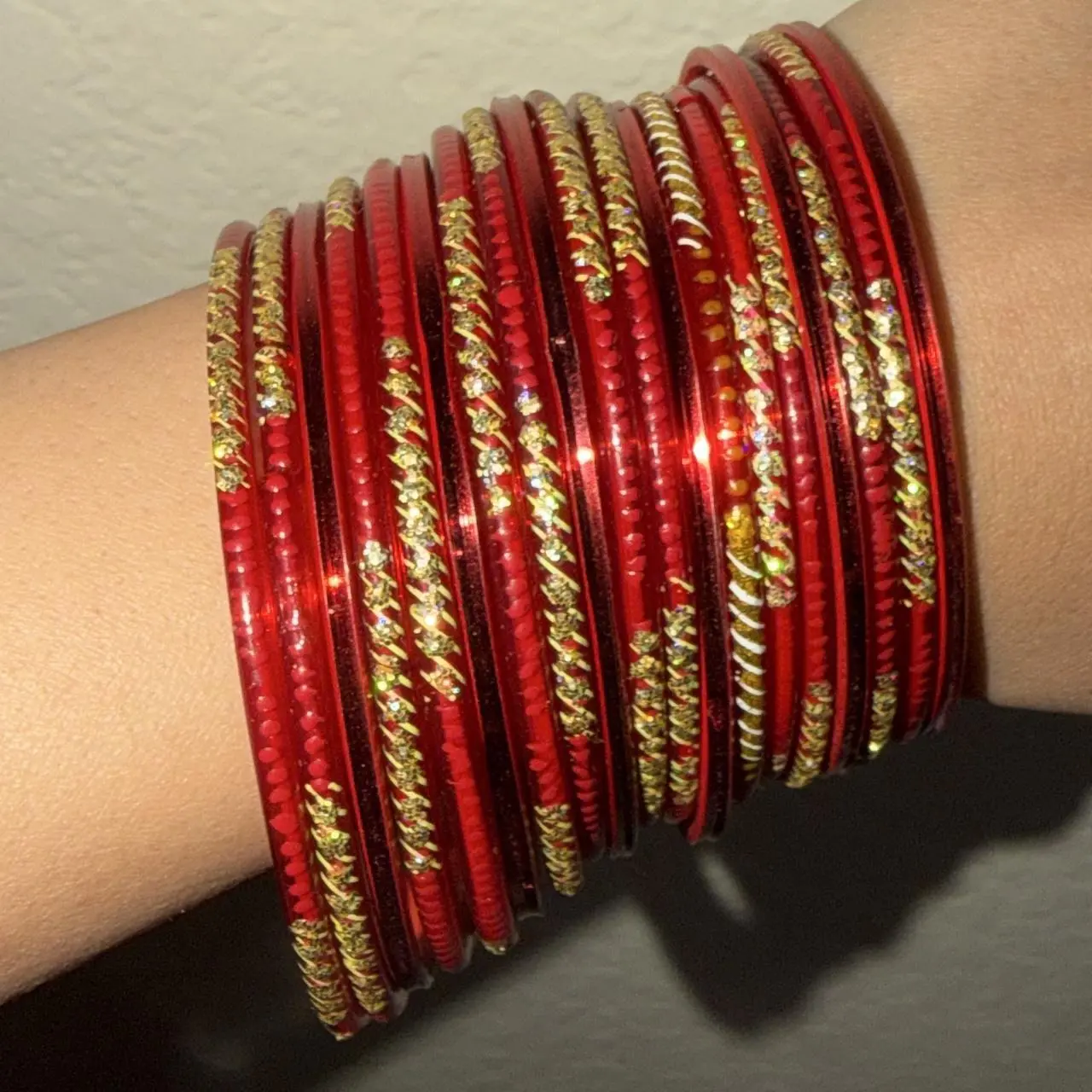 Brand New Red Glass Bangles with Gold Detailing