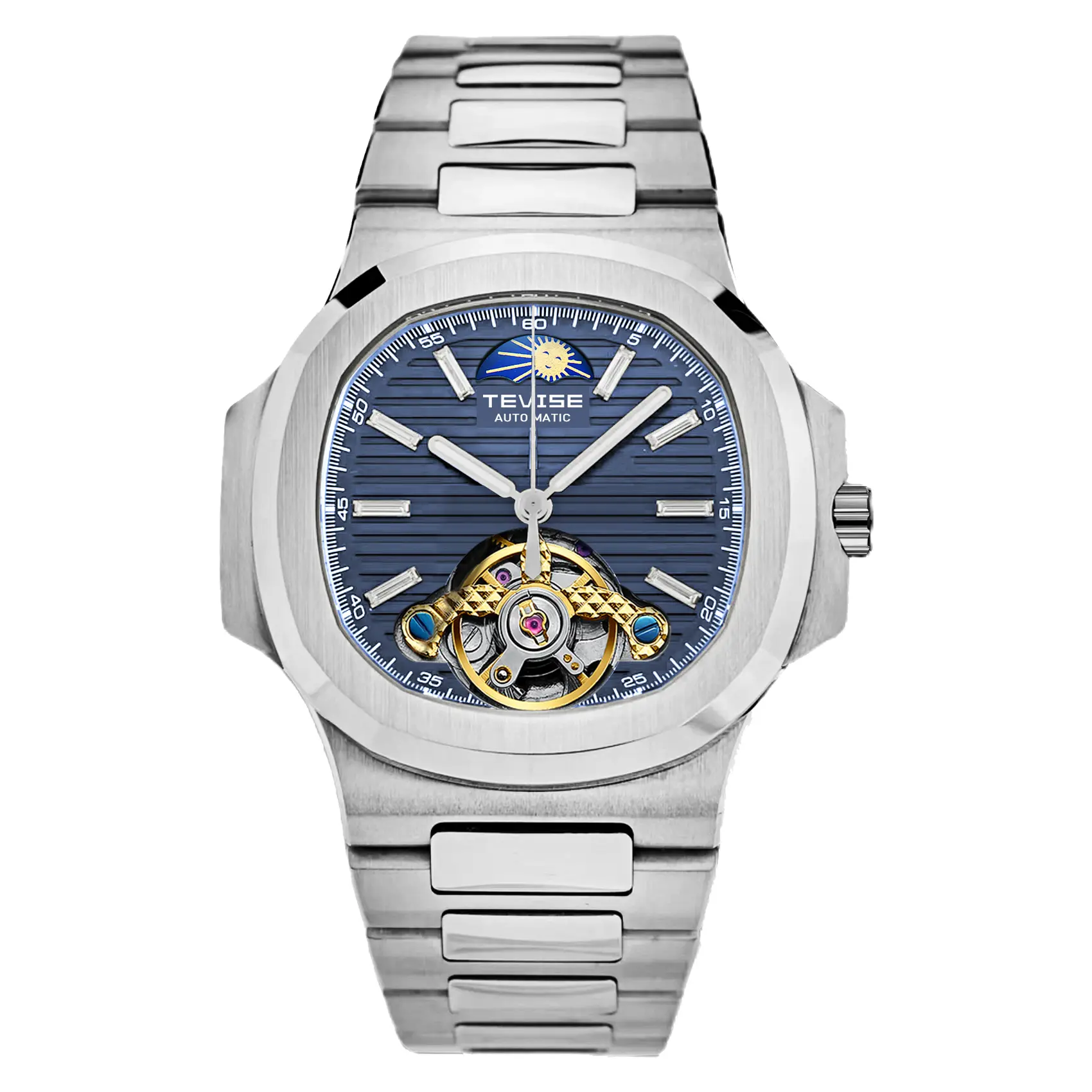 TEVISE Men's Automatic Mechanical Watch - Large retro square black dial, transparent case, stainless steel strap, alloy case, tourbillon, casual style, perfect gift for Valentine's Day, birthday or Father's Day, men's watch, high-quality craftsmanship out