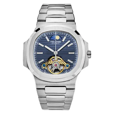 TEVISE Men's Automatic Mechanical Watch - Large Retro Square Black Dial, Transparent Alloy Case, Stainless Steel Strap, Tourbillon Movement, Casual-Style, High-Quality Craftsmanship, Simple Masculine Wrist Watch, Perfect Gift for Valentine's Day,Birthday