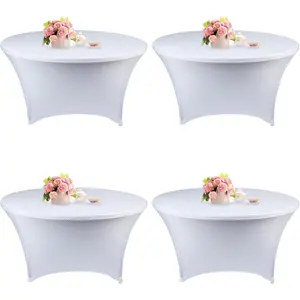 4 Pack 5FT Round Spandex Tablecloth, 60 Inch White, Stretchable Table Cover, Washable and Wrinkle Resistant, Fitted Round Table for Wedding, Banquet, Birthday, Party, Restaurant
