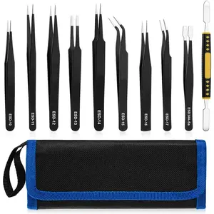 10 count Precision Tweezers Set, Stainless Steel ESD Anti-Static Tweezers Kit for Electronics Soldering, -Making, Laboratory & Crafts - Includes Storage Bag