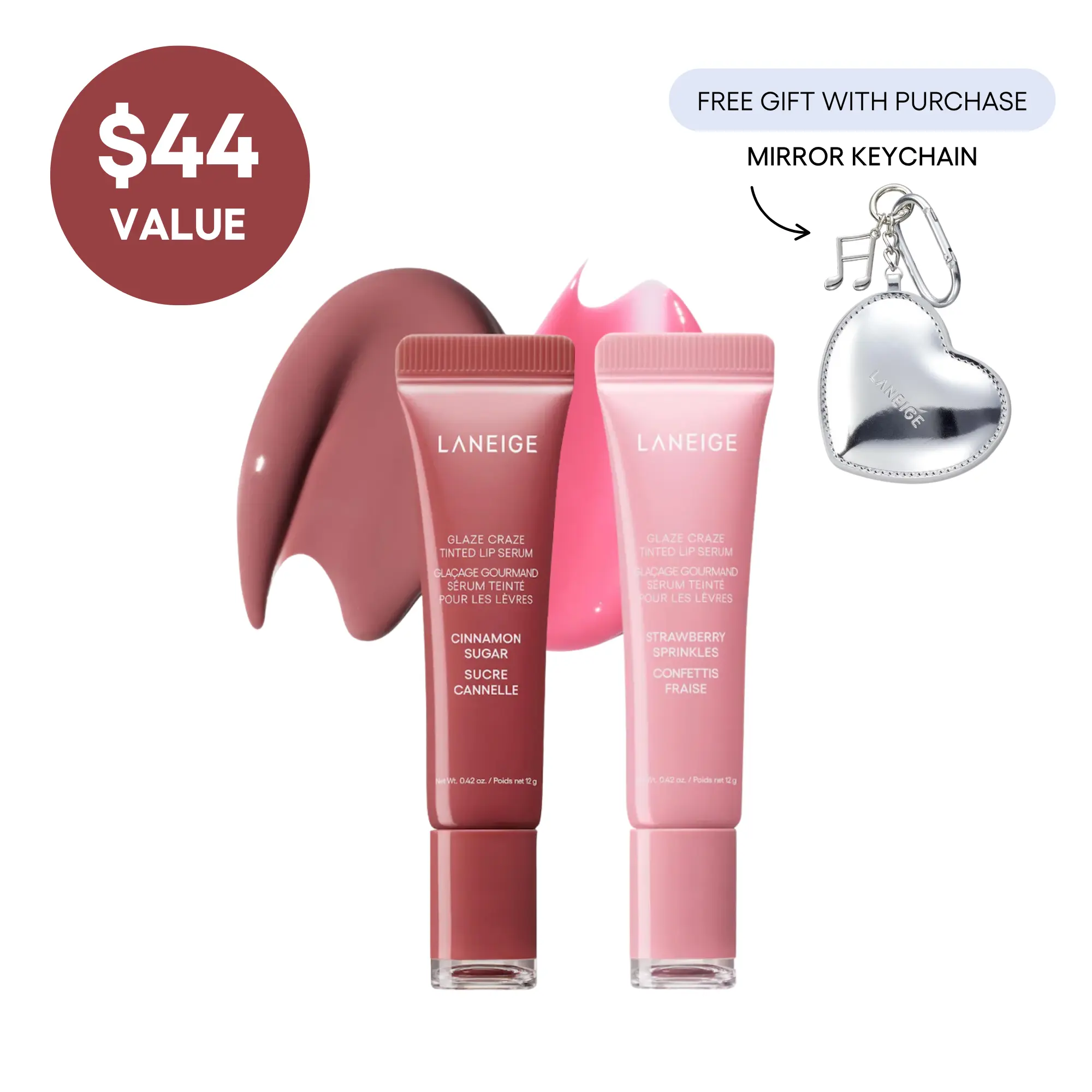 Laneige Glaze Craze Duo, Free Keychain with Purchase, Tinted Lip Serum Bundles, Lip Care, Moisturizing